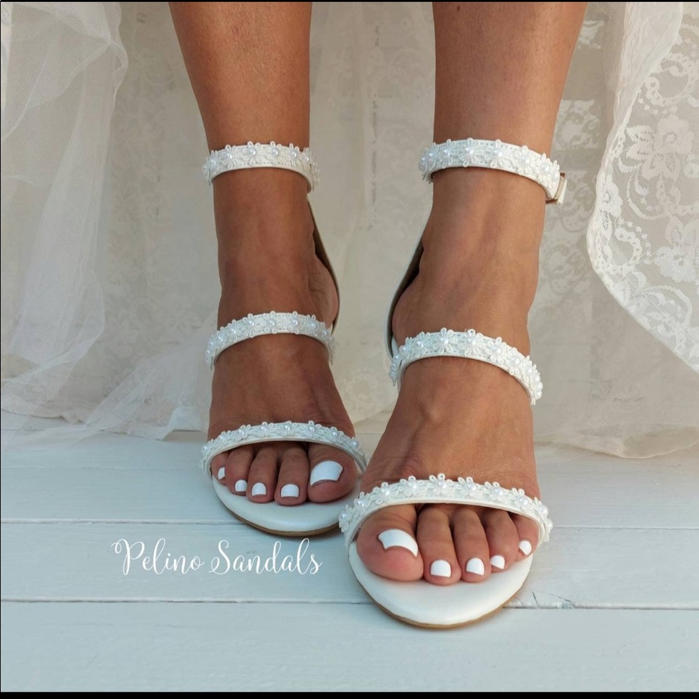 Handmade Ivory 3 Strap Block Heel Bridal Sandals with Flowers & Pearls. Size 8.